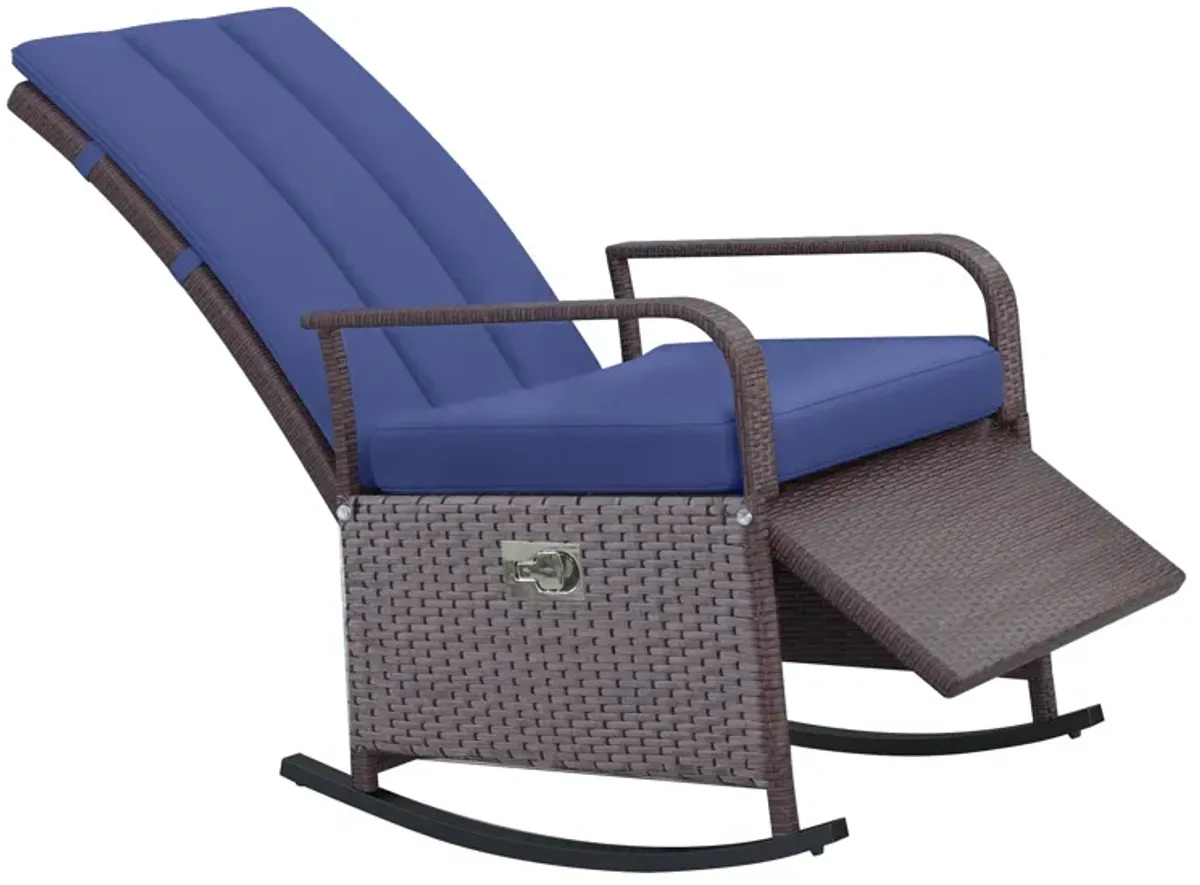 Blue Patio Relaxer: Outdoor Rattan Recliner with Soft Cushion