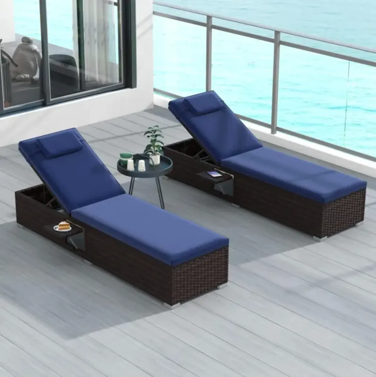 Hivvago Outdoor PE Rattan Chaise Lounge with 6-level Backrest