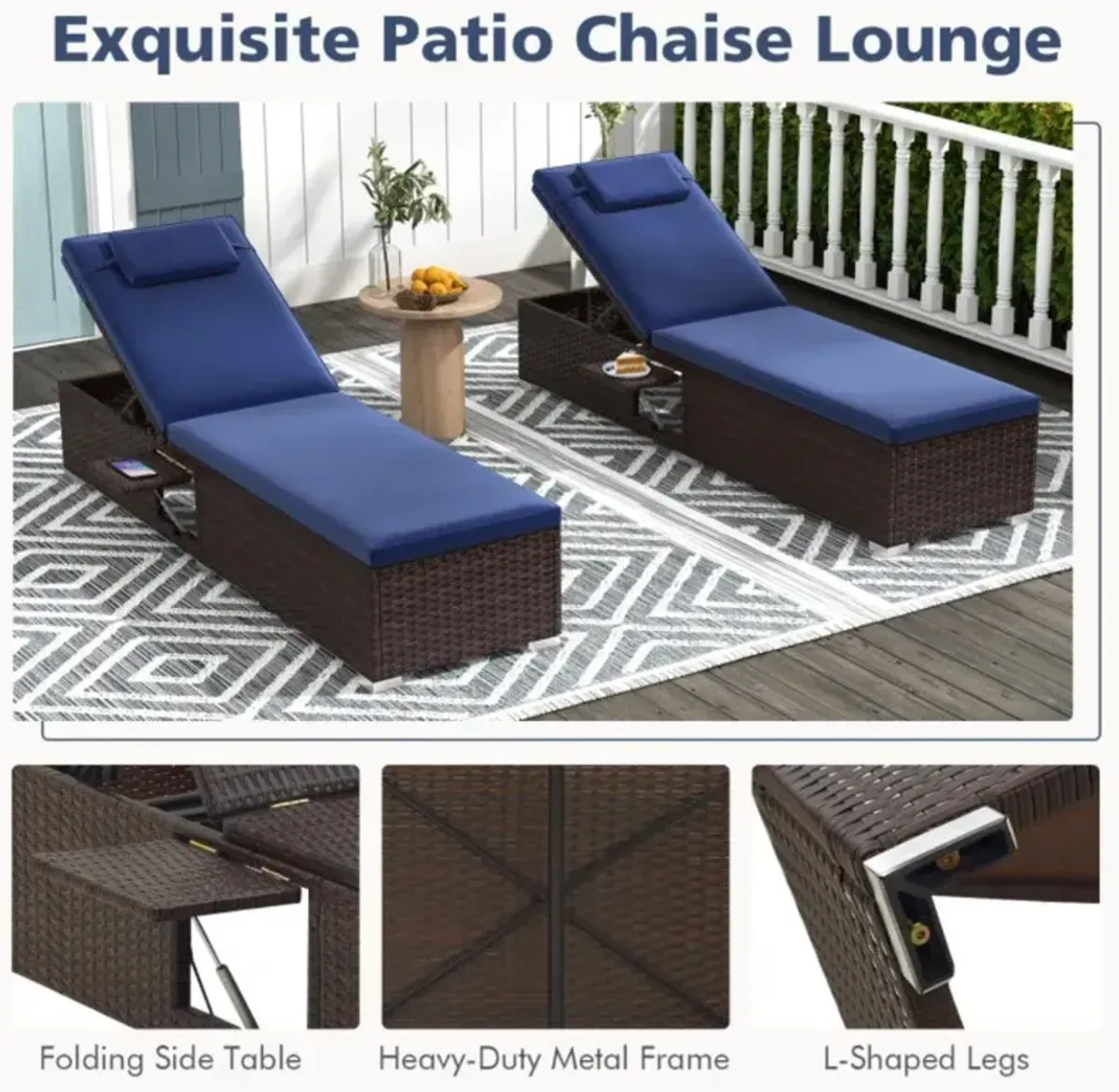 Hivvago Outdoor PE Rattan Chaise Lounge with 6-level Backrest