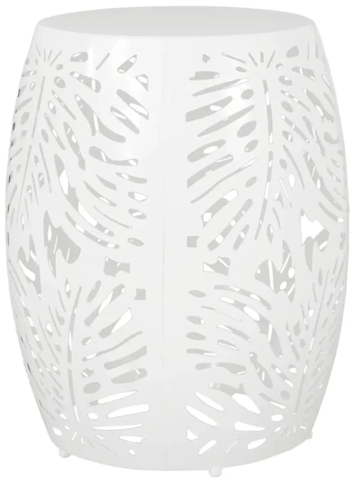 Miami Outdoor End Table Stool, Palm Leaf Pattern, White Iron, 17 Inch - Benzara