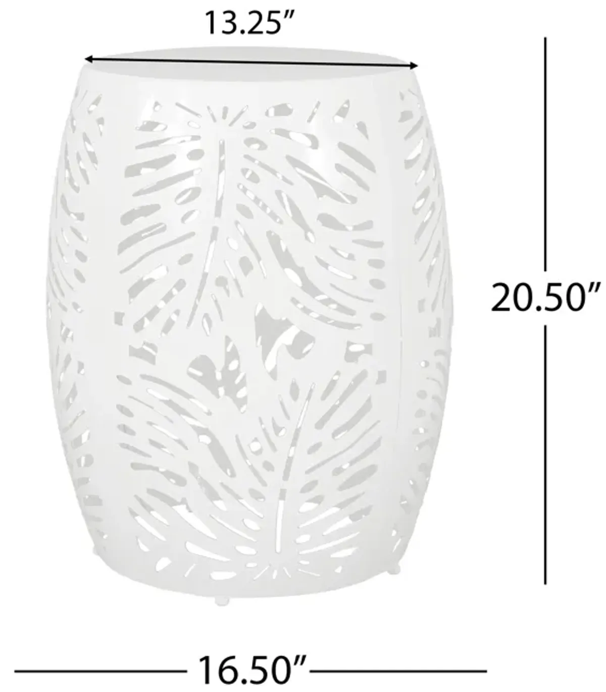 Miami Outdoor End Table Stool, Palm Leaf Pattern, White Iron, 17 Inch - Benzara