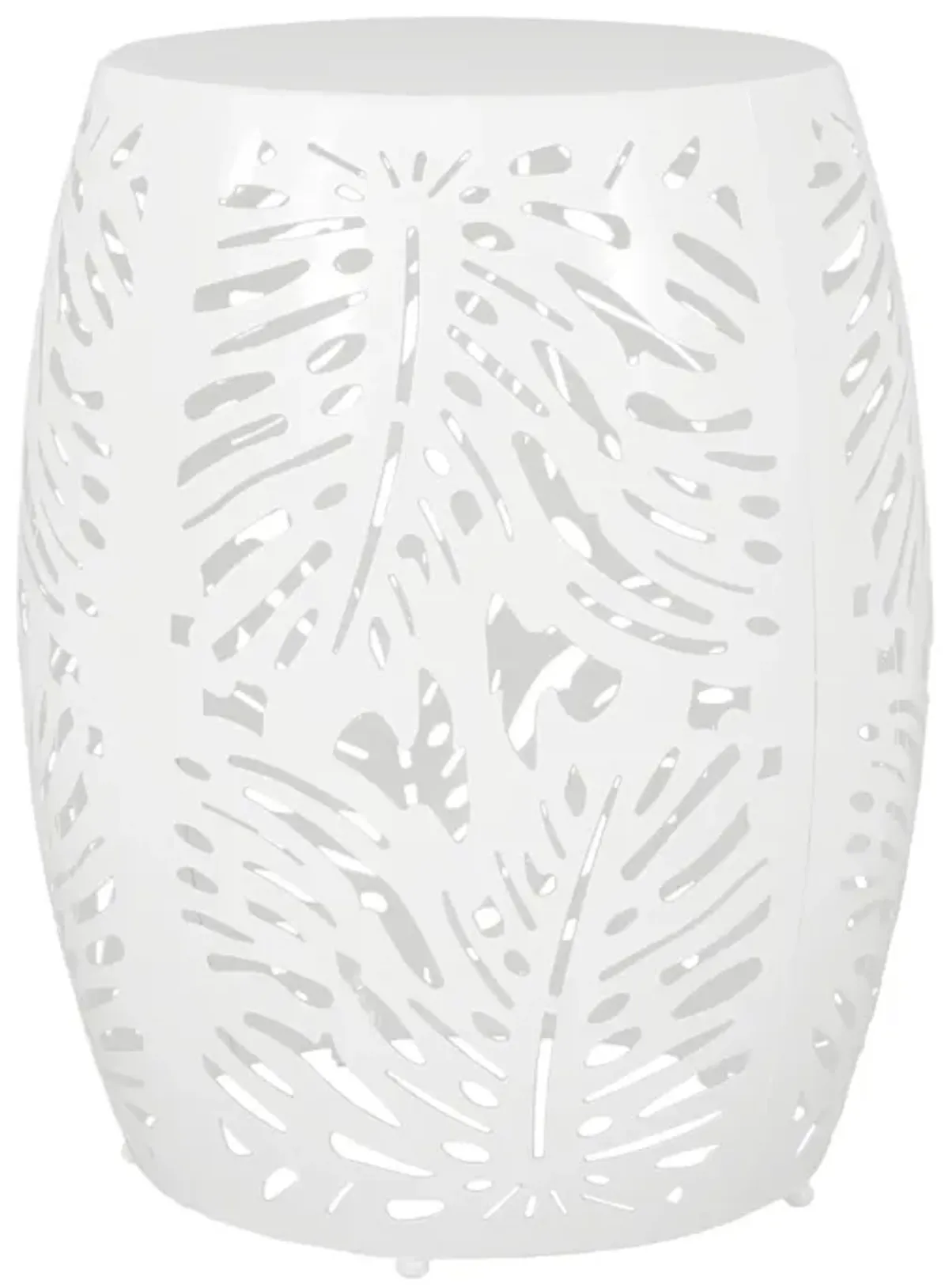 Miami Outdoor End Table Stool, Palm Leaf Pattern, White Iron, 17 Inch - Benzara