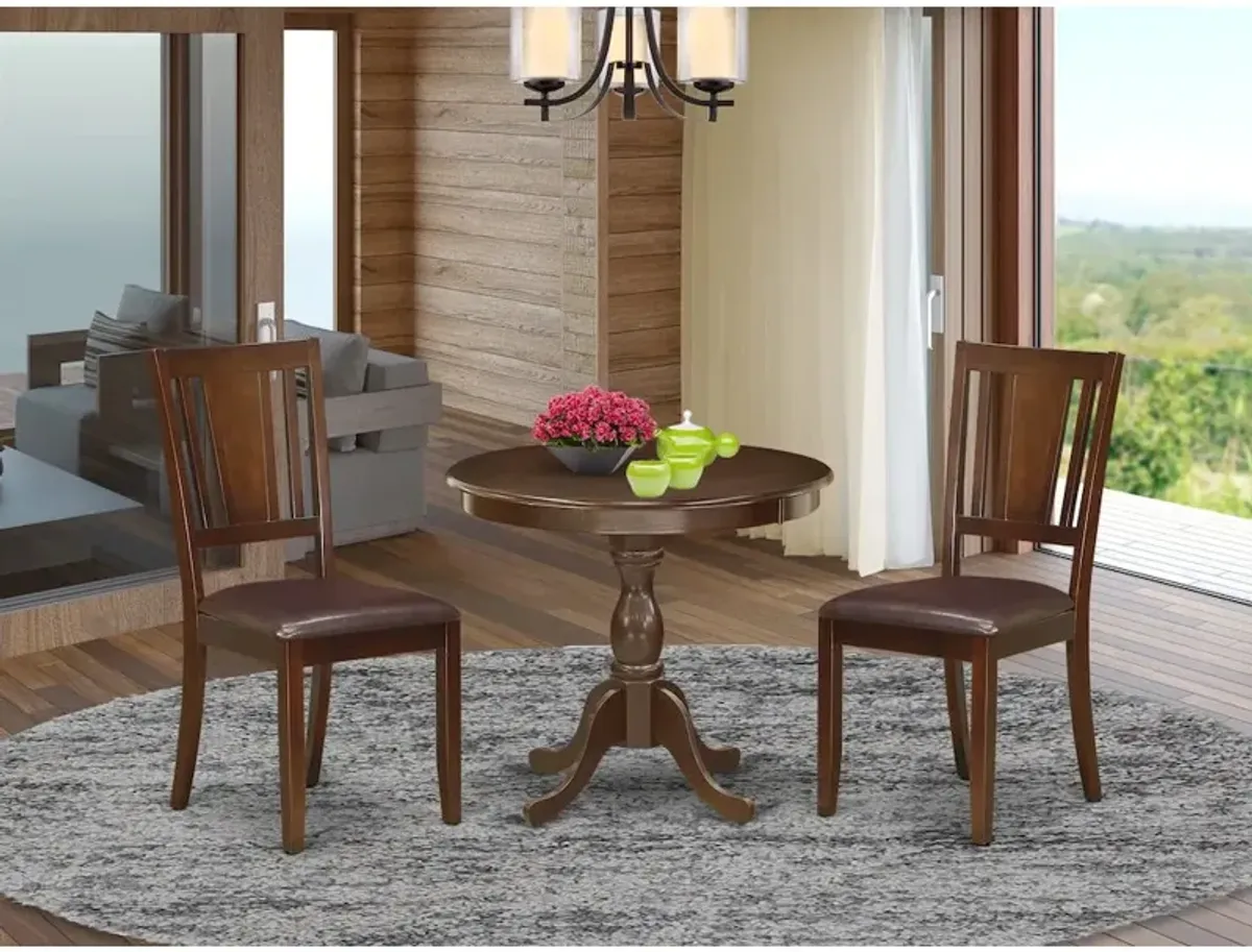 East West Furniture AMDU3-MAH-LC 3 Piece Modern Dining Table Set Contains 1 Round Pedestal Table and 2 Mahogany Faux Leather Kitchen Chair with Panel Back - Mahogany Finish