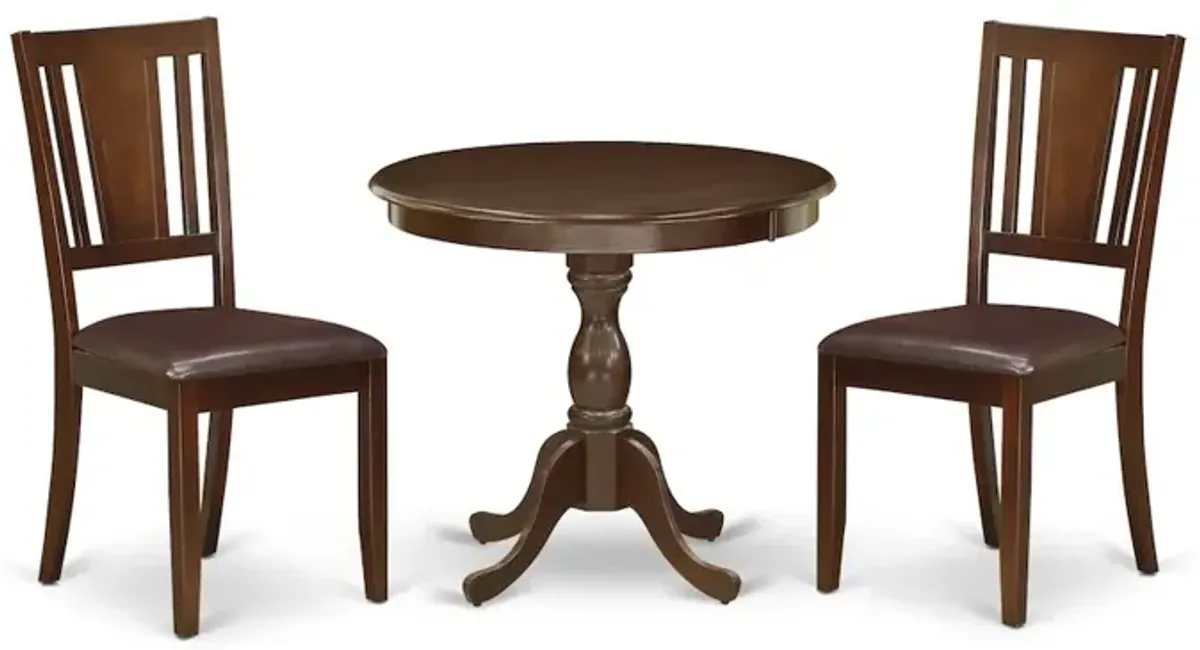 East West Furniture AMDU3-MAH-LC 3 Piece Modern Dining Table Set Contains 1 Round Pedestal Table and 2 Mahogany Faux Leather Kitchen Chair with Panel Back - Mahogany Finish
