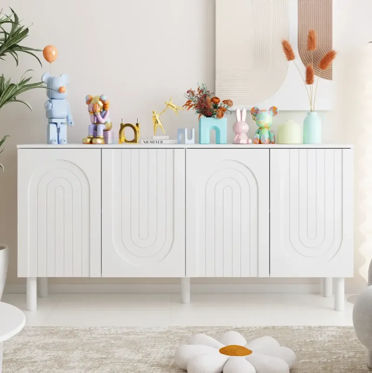 63.2 in. W White Rectangle Wood Console Table Entryway Table Hallway Living Room with Adjustable Shelves, Pop-up Doors