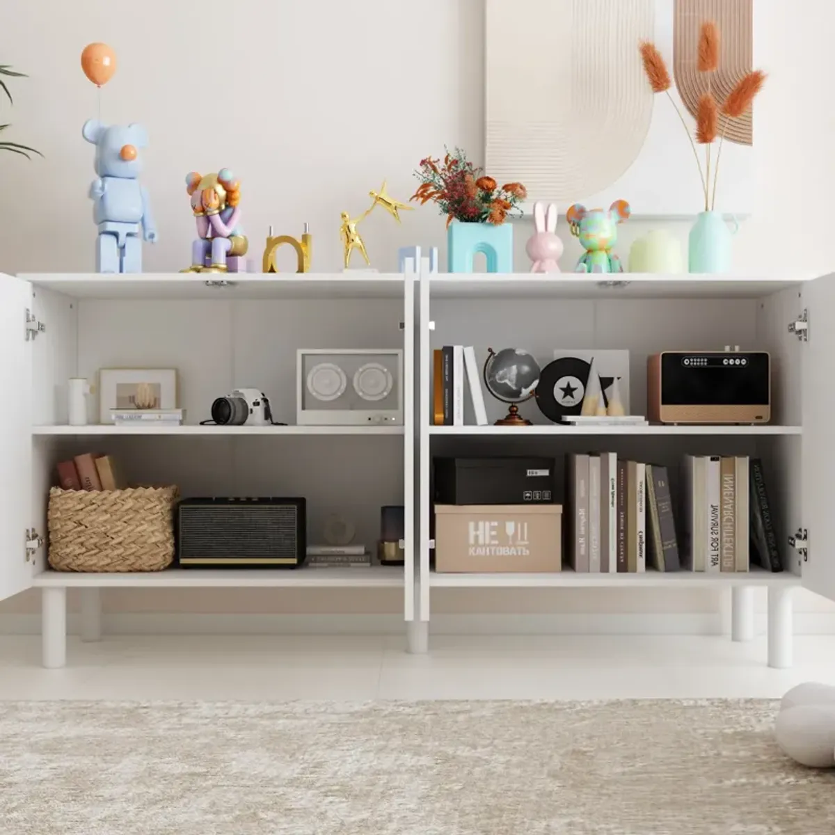 63.2 in. W White Rectangle Wood Console Table Entryway Table Hallway Living Room with Adjustable Shelves, Pop-up Doors