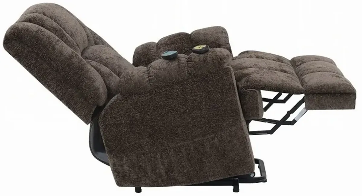 Cassy Power Recliner Chair with Lift, Heating, Massage, Brown Velvet - Benzara