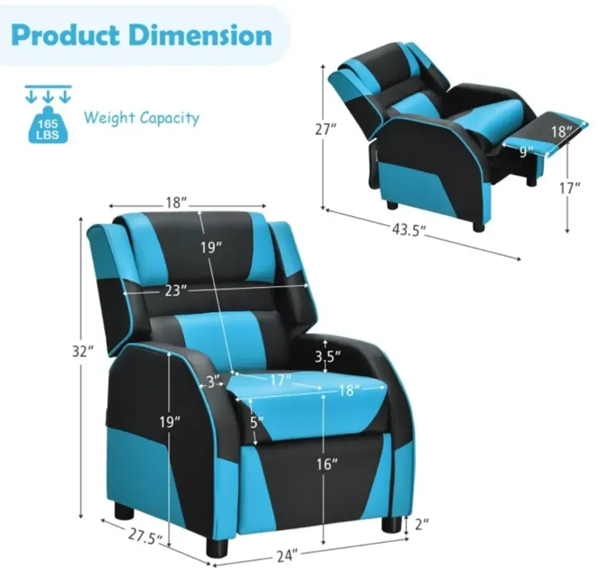 Hivvago Kids Youth PU Leather Gaming Sofa Recliner with Headrest and Footrest