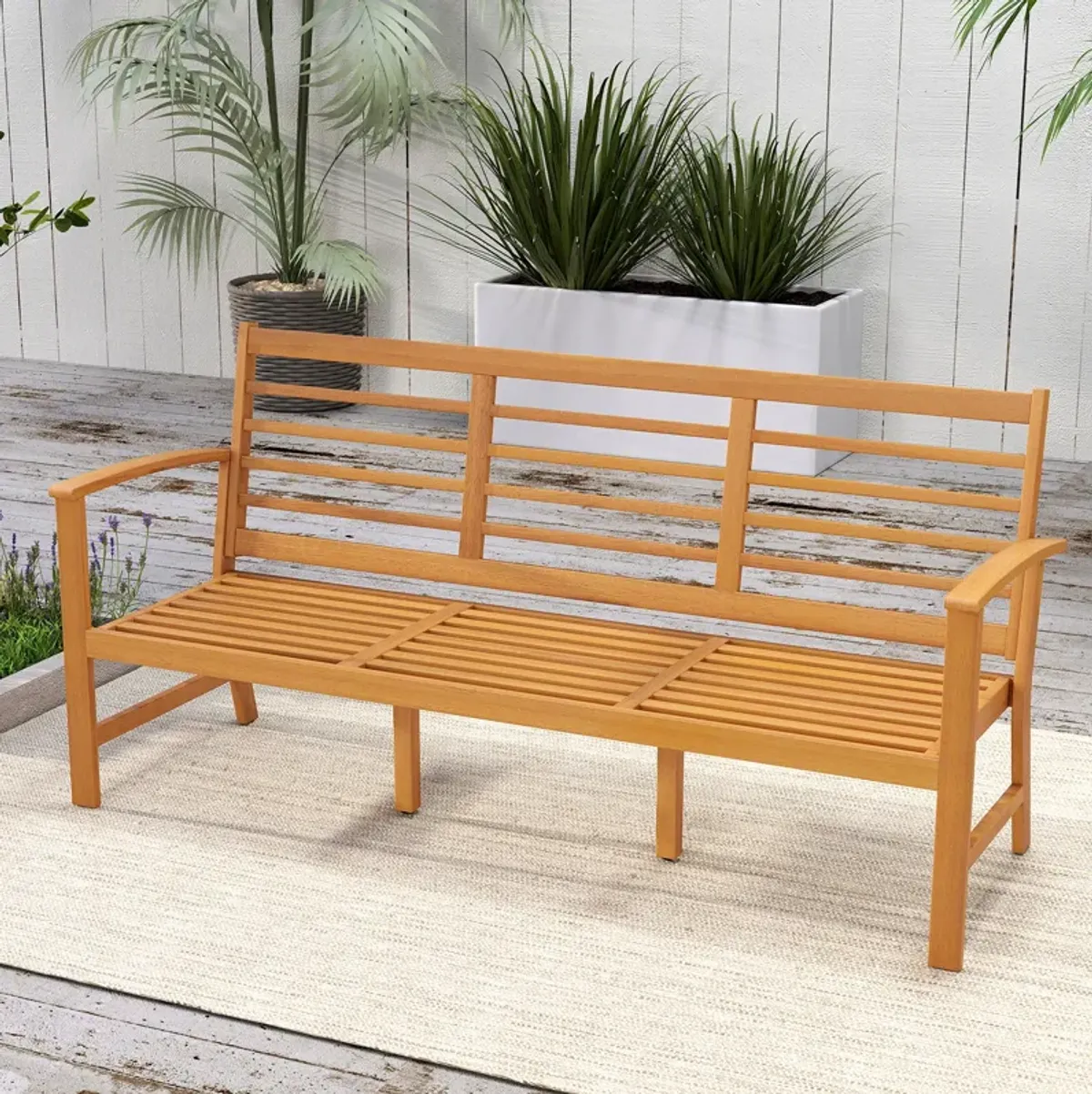 Patio 64 Inch Wood Bench with Seat Cushion and Slatted Seat for Backyard-Off White