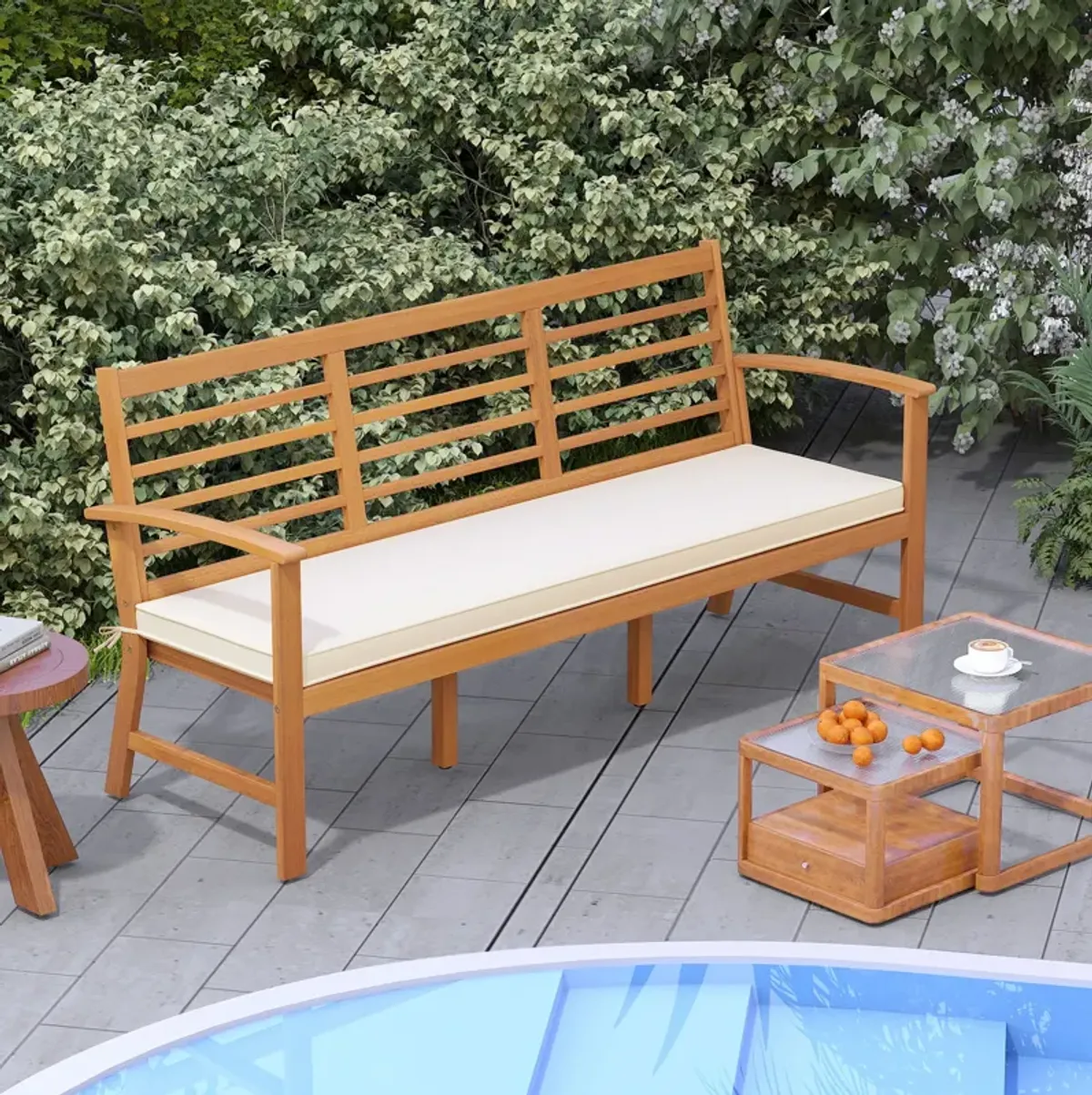 Patio 64 Inch Wood Bench with Seat Cushion and Slatted Seat for Backyard-Off White