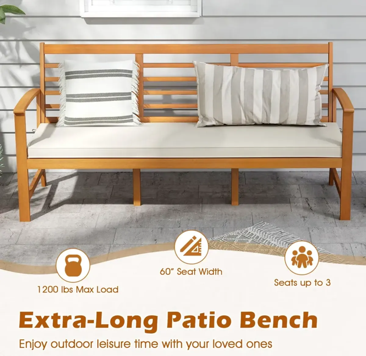 Patio 64 Inch Wood Bench with Seat Cushion and Slatted Seat for Backyard-Off White