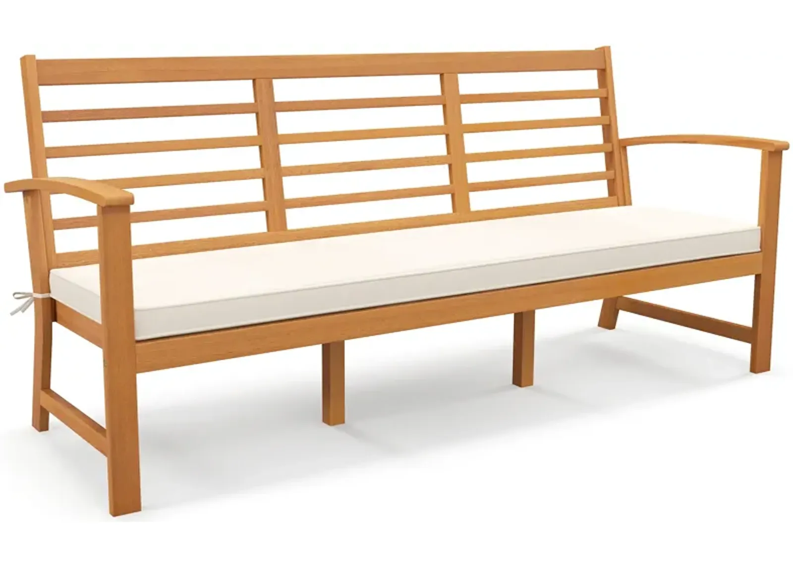 Patio 64 Inch Wood Bench with Seat Cushion and Slatted Seat for Backyard-Off White