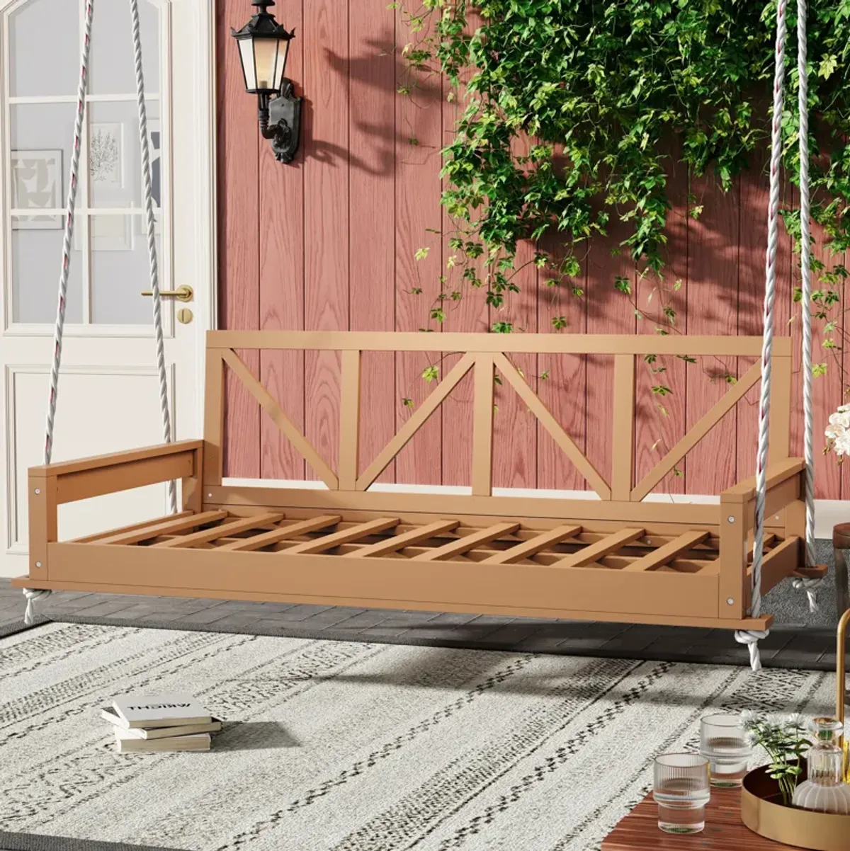 Merax Acacia Wood Twin Size Patio Porch Swing Hanging Bed