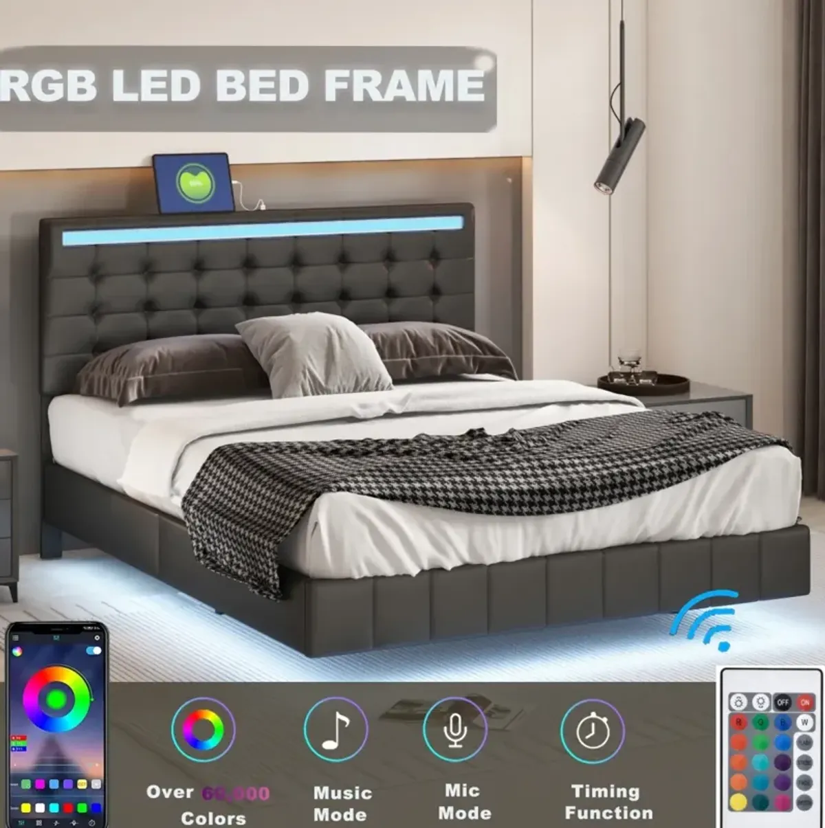 Floating Queen Bed Frame with LED & USB Charger