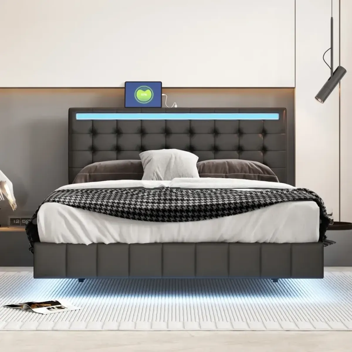 Floating Queen Bed Frame with LED & USB Charger