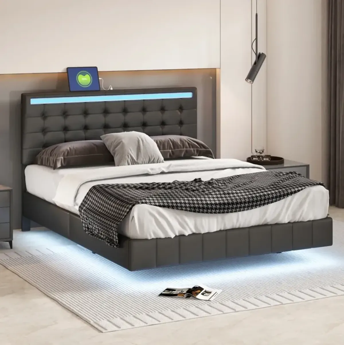 Floating Queen Bed Frame with LED & USB Charger