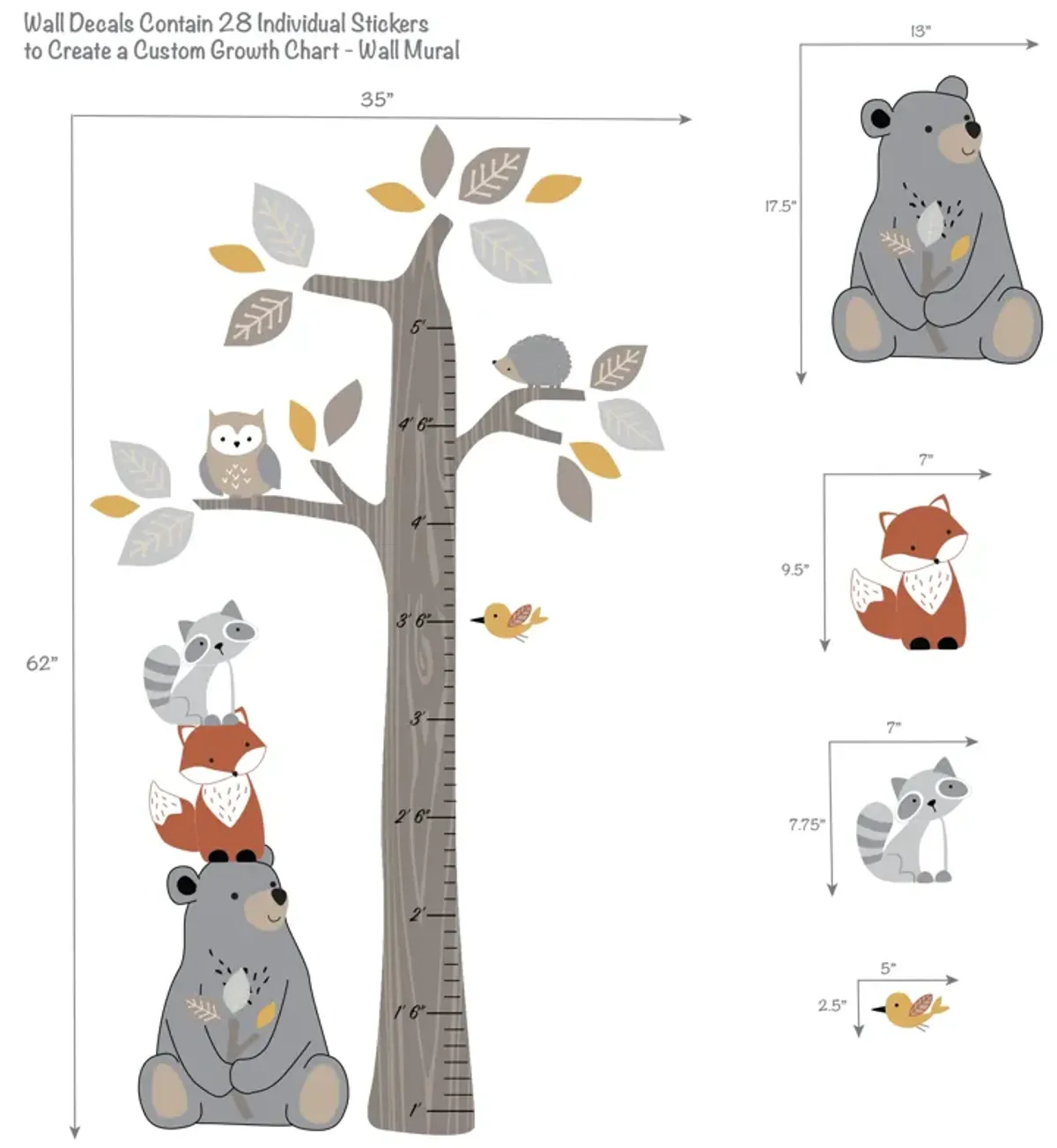 Lambs & Ivy Woodland Forest Tree with Animals Kids Growth Chart Wall Decals