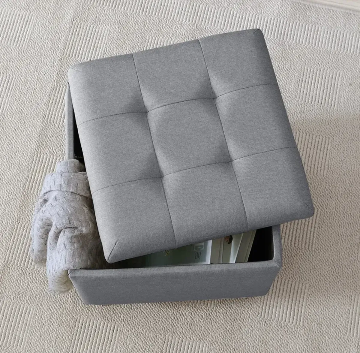 Ornavo Home Crawford Linen Tufted Square Storage Ottoman with Lift Off Lid