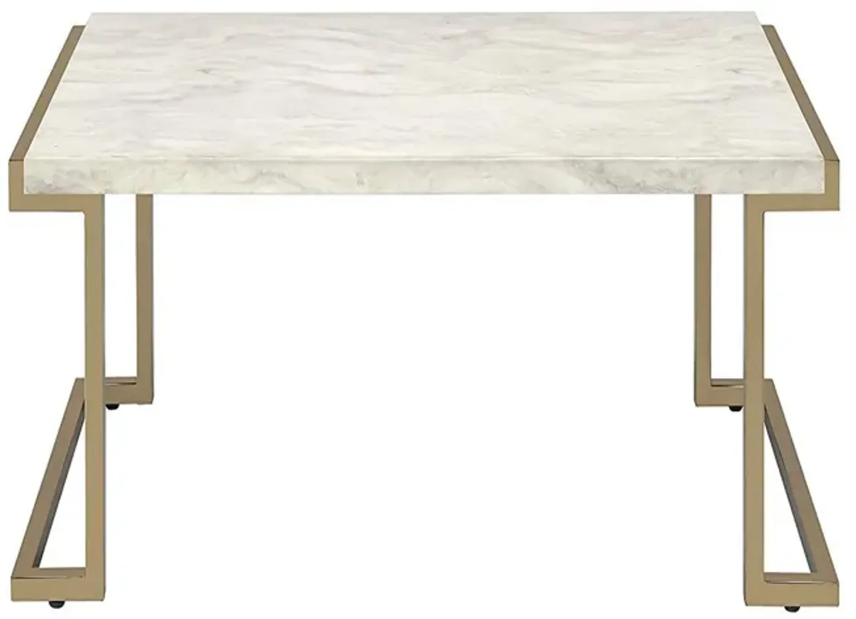 Faux Marble Top Coffee Table With Metal Base, White And Gold-Benzara