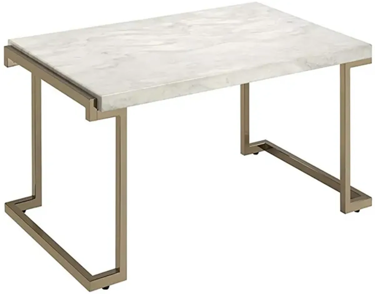 Faux Marble Top Coffee Table With Metal Base, White And Gold-Benzara