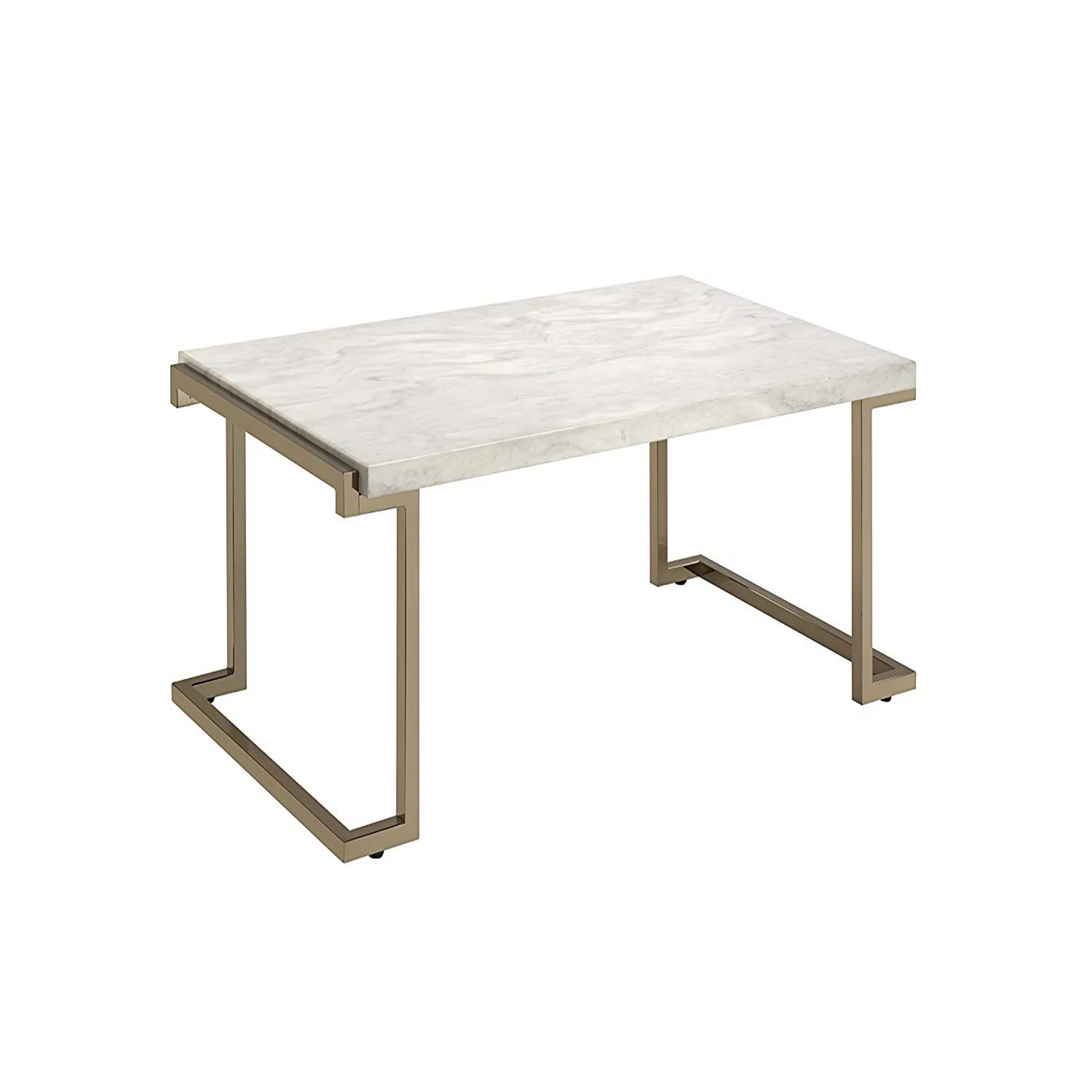 Faux Marble Top Coffee Table With Metal Base, White And Gold-Benzara