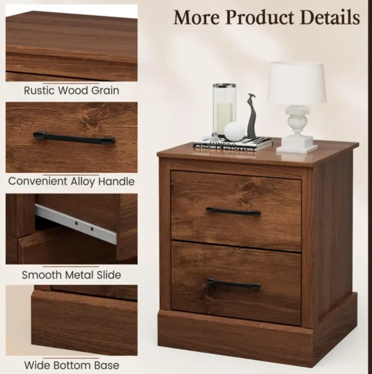 Hivvago Wood Compact Floor Nightstand with Storage Drawers