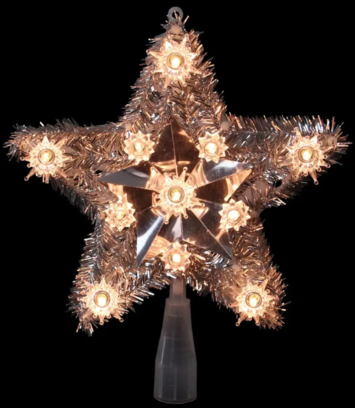 9" Silver Tinsel Star Christmas Tree Topper - Clear Lights