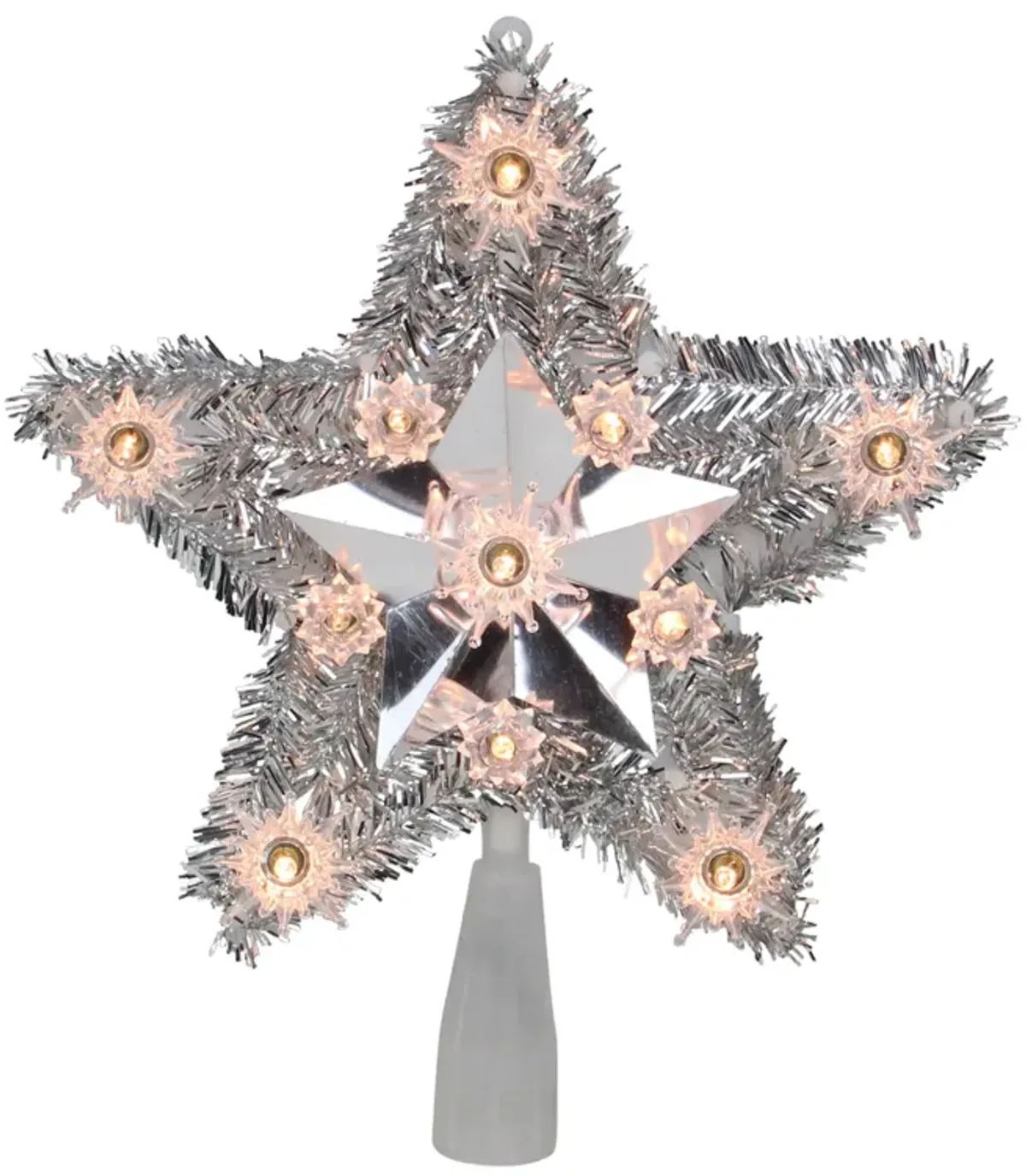 9" Silver Tinsel Star Christmas Tree Topper - Clear Lights