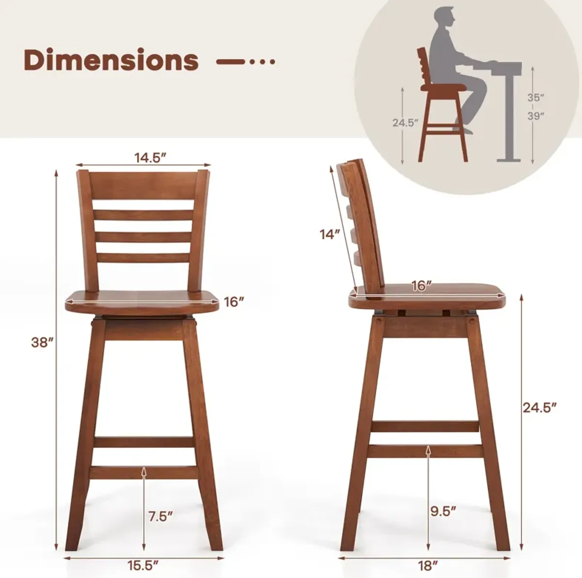 Set of 2 Counter Height Barstools with Footrest Perfect for Kitchen Island or Bar Use