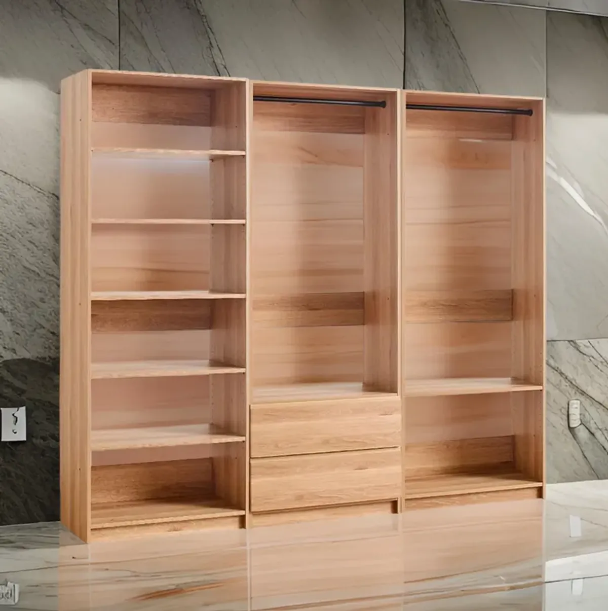 Dee Modular Closet System, 2 Clothing Racks, 2 Drawers, 6 Shelf, Brown Wood - Benzara