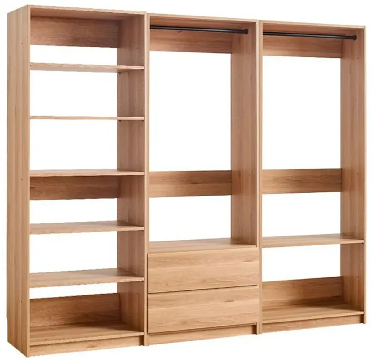 Dee Modular Closet System, 2 Clothing Racks, 2 Drawers, 6 Shelf, Brown Wood - Benzara
