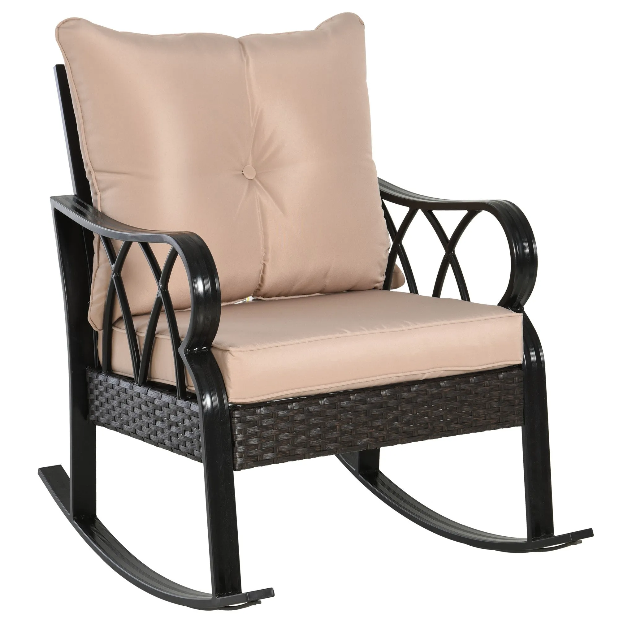 Khaki Porch Rocker: Outdoor Wicker Chair with Padded Cushions