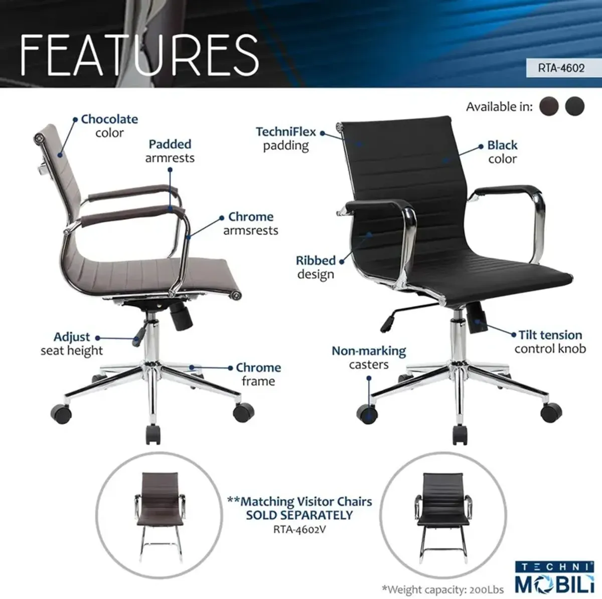 Techni Mobili Modern Medium Back Executive Office Chair. Color: Black