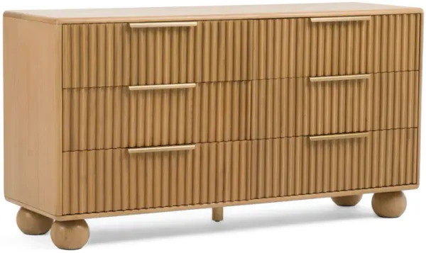 Cid Joya Dresser, 6 Drawers w Gold Handles, Reeded Brown Solid Oak Wood, 57 Inch - Benzara