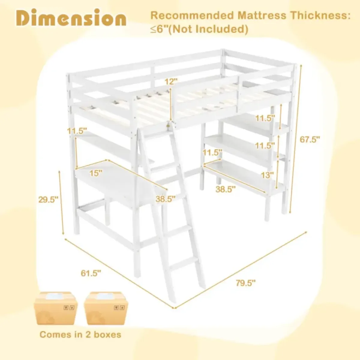 Hivvago Twin Size Loft Bed with Desk and Bookshelves for Kids and Teens