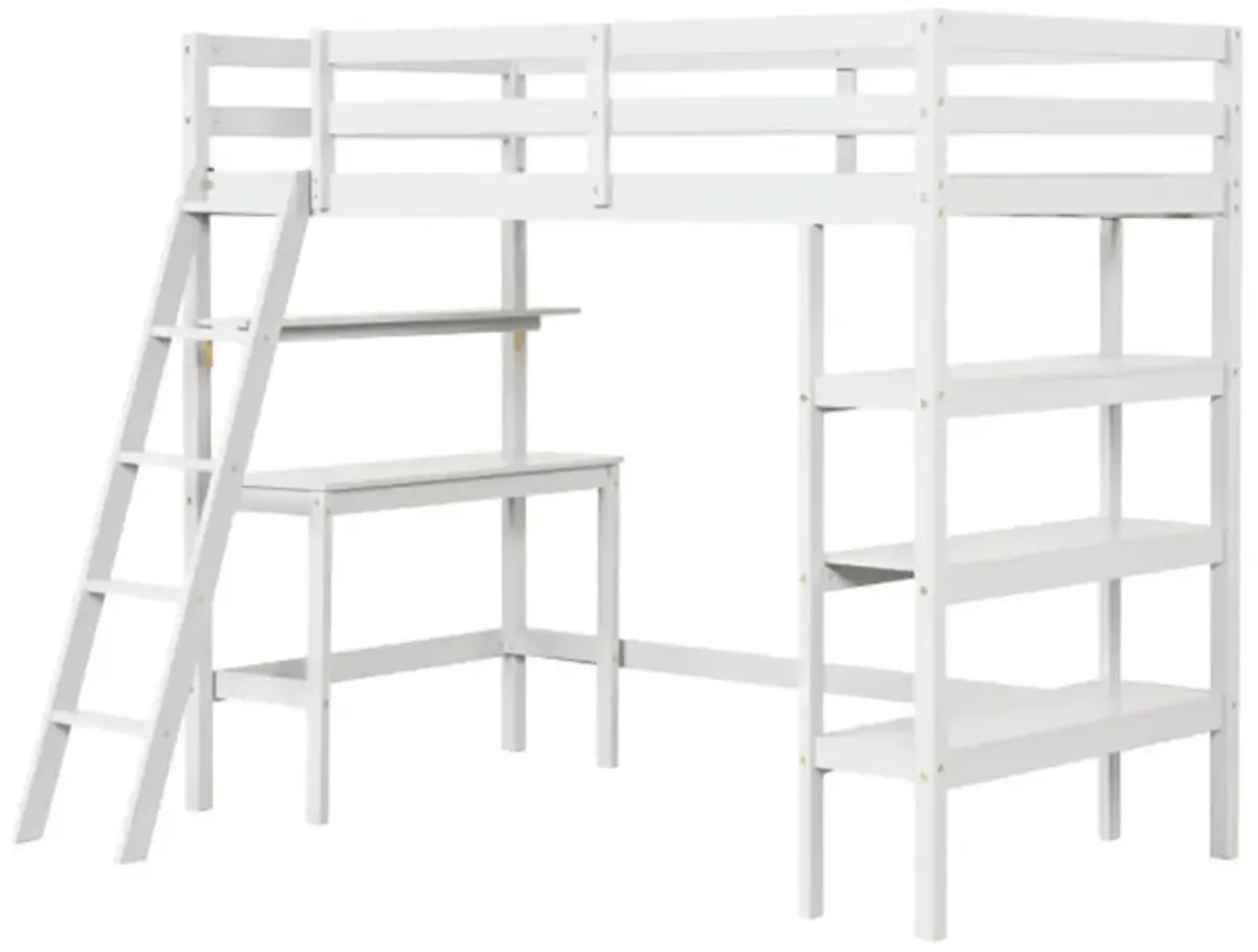 Hivvago Twin Size Loft Bed with Desk and Bookshelves for Kids and Teens