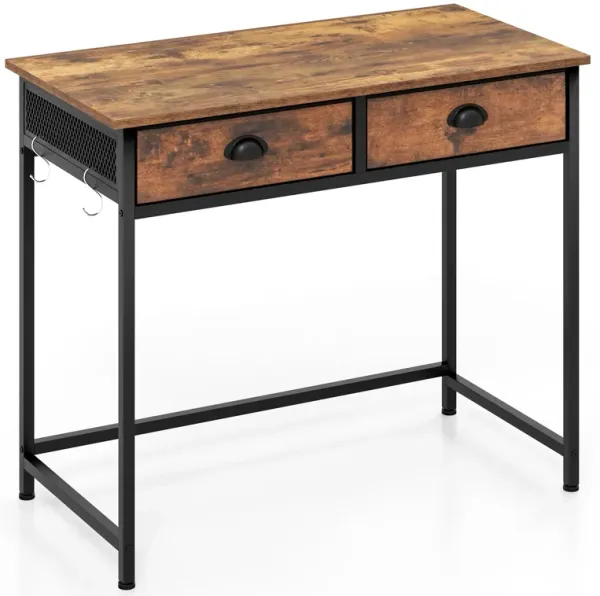 Space-Saving Home Office Desk with 2 Fabric Drawers and 4 Hanging Hooks for Storage