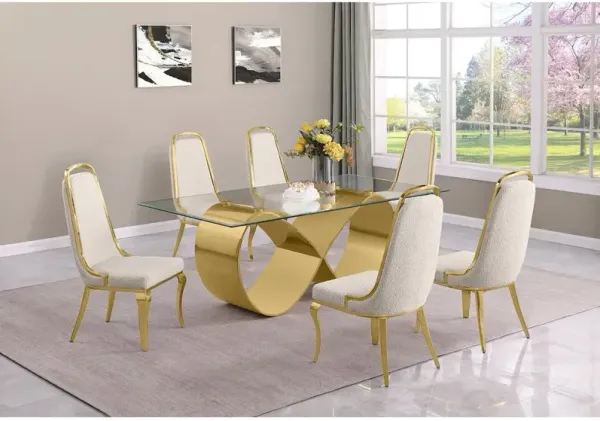 Best Quality Furniture 7Pc Tempered Glass Dining Set With 6 Cream Boucle Side Chairs And A Gold Base