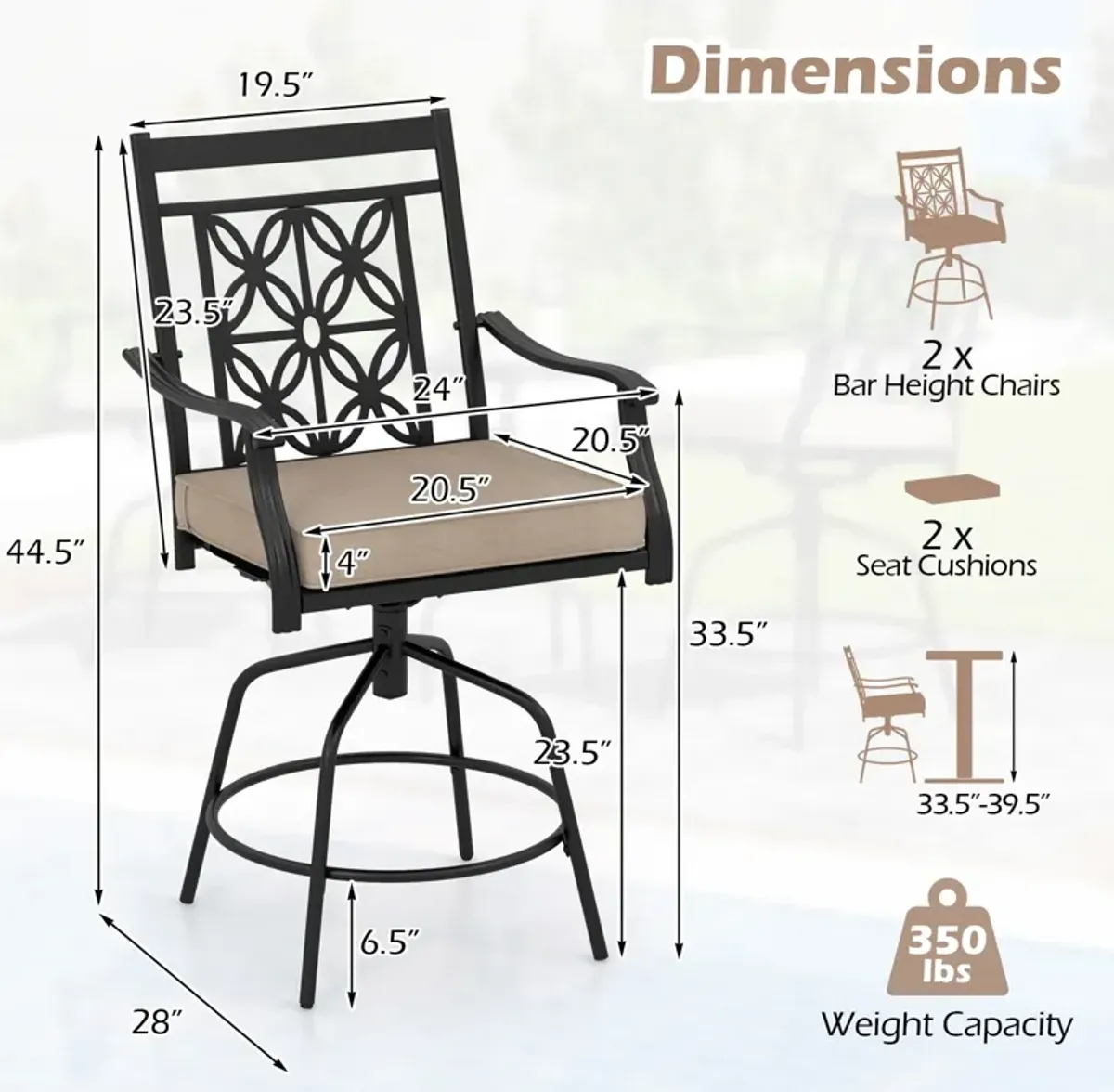 Set of 2 Outdoor Swivel Dining Chairs with Comfortable Seat Cushions