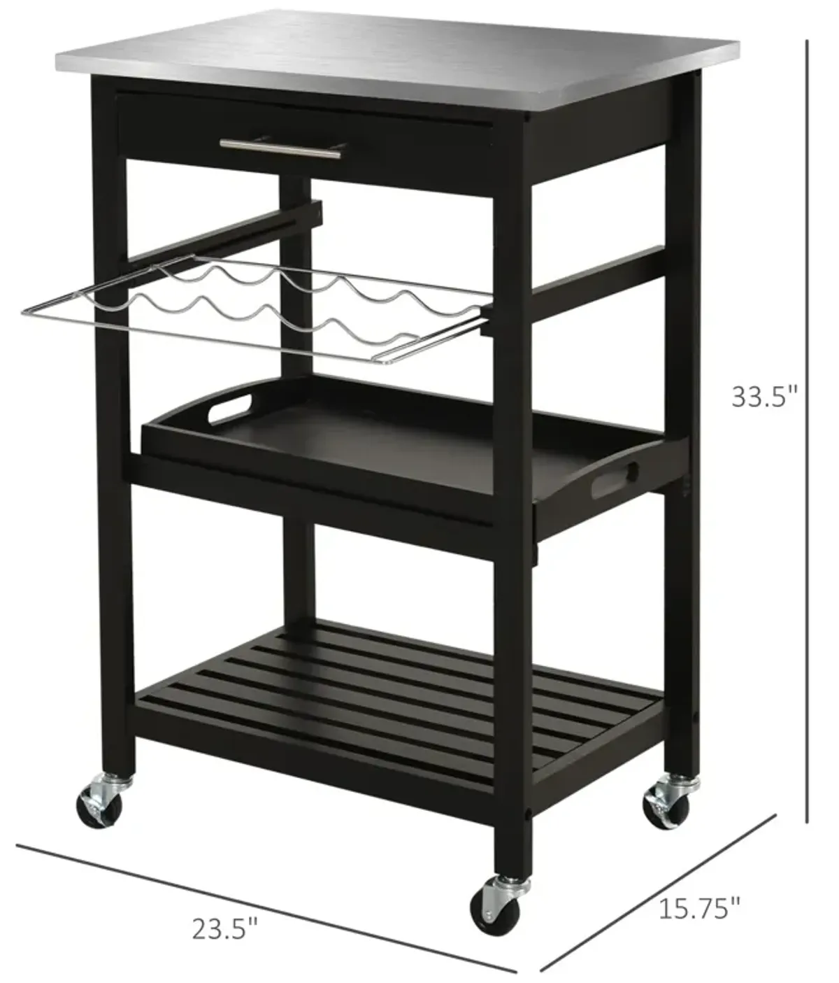 Black Culinary Companion: Pine 3-Tier Kitchen Cart with Steel Top