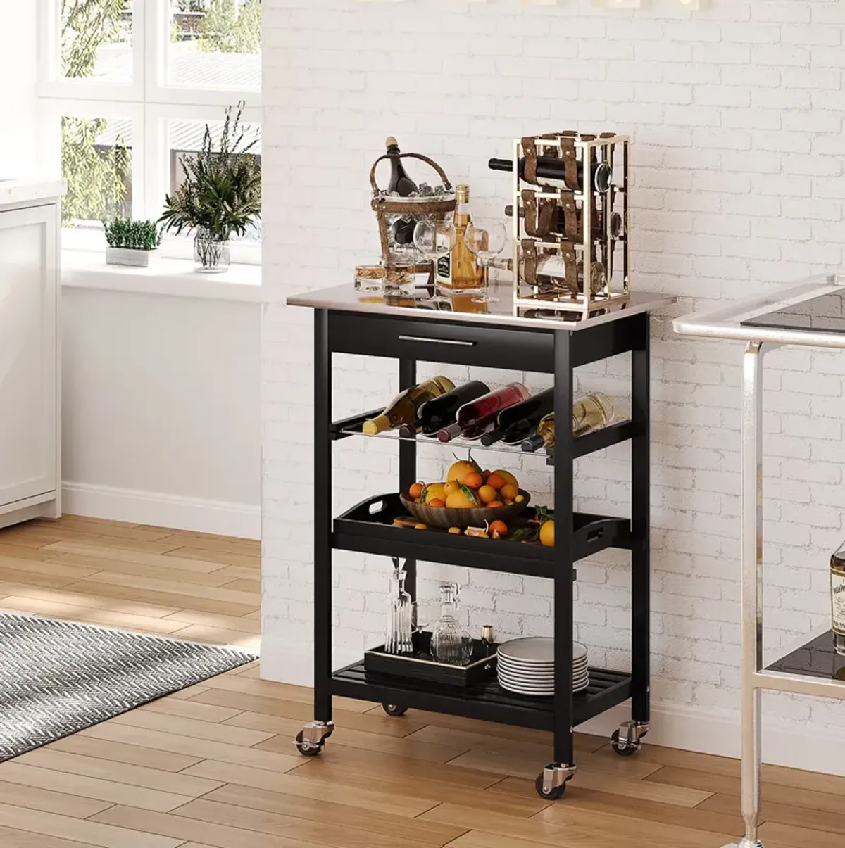 Black Culinary Companion: Pine 3-Tier Kitchen Cart with Steel Top