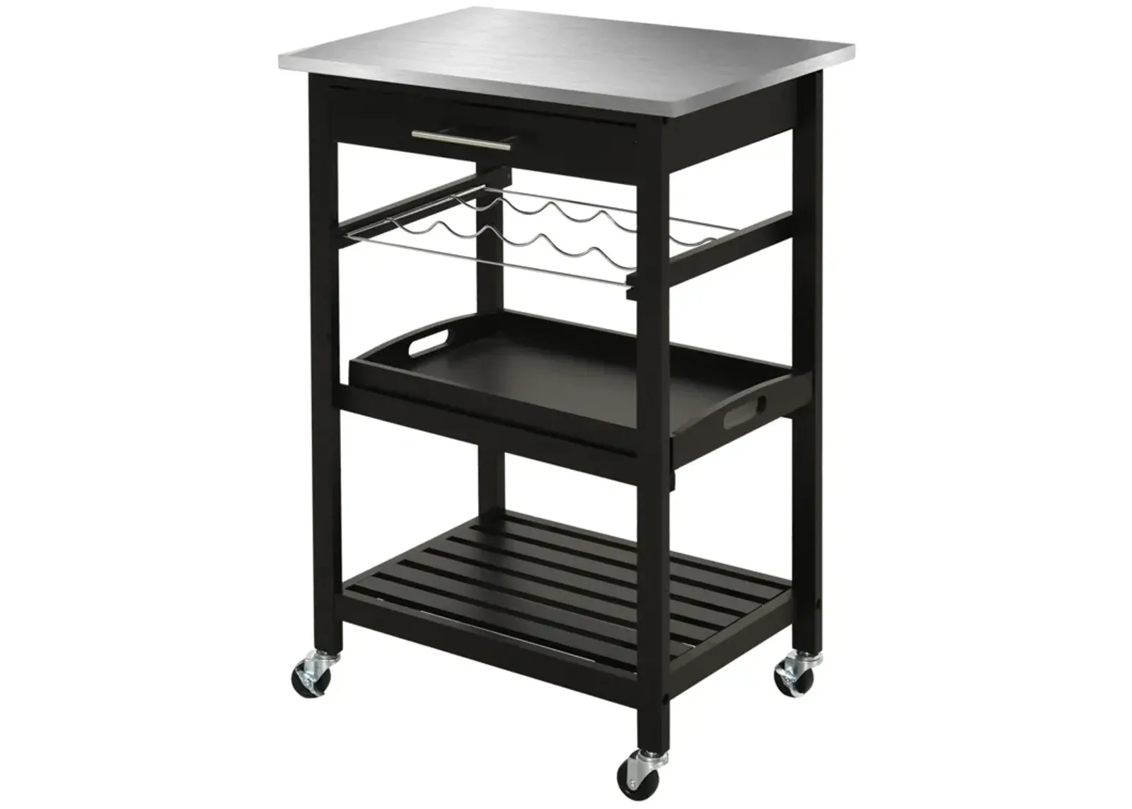 Black Culinary Companion: Pine 3-Tier Kitchen Cart with Steel Top