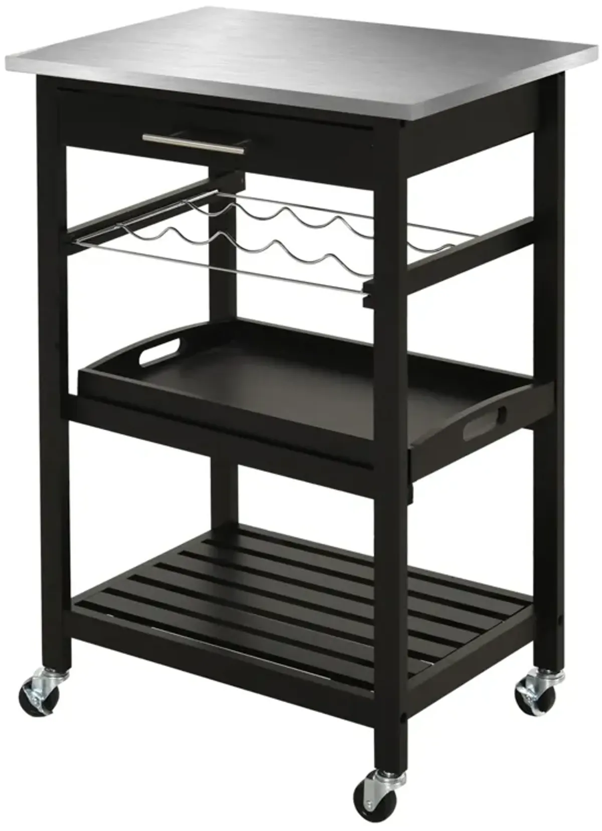 Black Culinary Companion: Pine 3-Tier Kitchen Cart with Steel Top