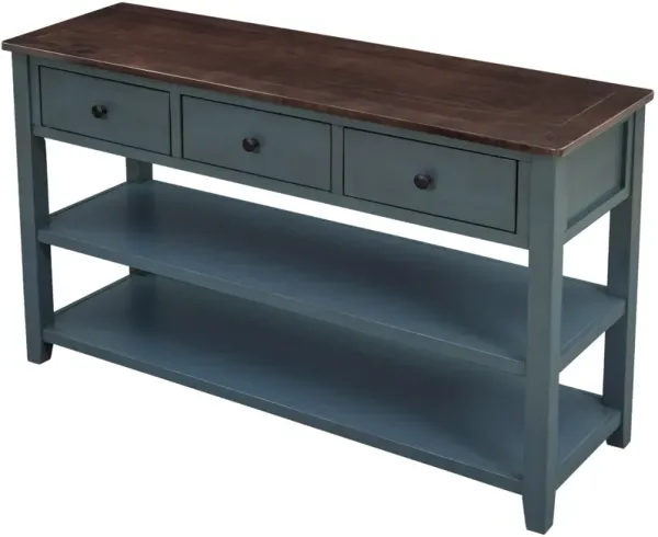 Gewnee Solid Wood Console Table With 3 Drawers And 2 Shelves, Navy Blue