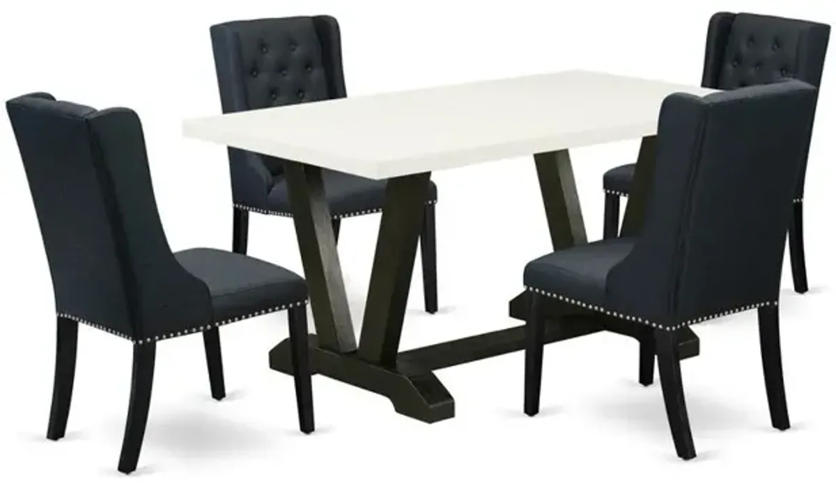 East West Furniture V626FO624-5 5 Piece Dining Table Set Includes 4 Black Linen Fabric Dining Chairs with Button Tufted and Linen White Rectangular Dining Table - Wire Brush Black Finish