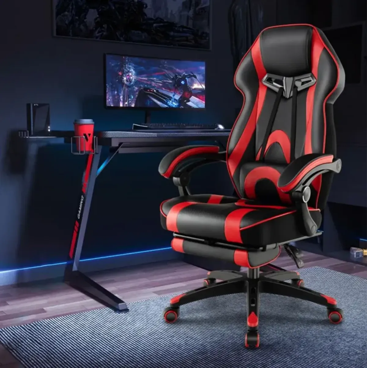 Hivvago Gaming Chair Racing Style Swivel Chair with Footrest and Adjustable Lumbar Pillow