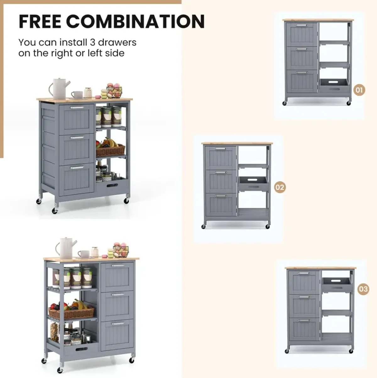 Rolling Kitchen Island Utility Storage Cart with 3 Large Drawers