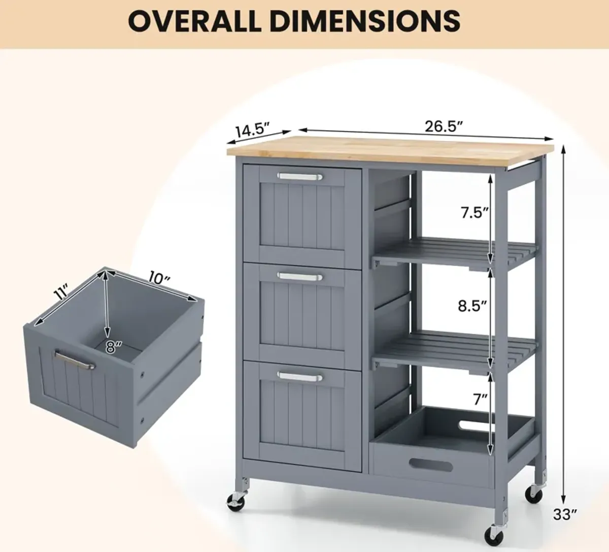 Rolling Kitchen Island Utility Storage Cart with 3 Large Drawers