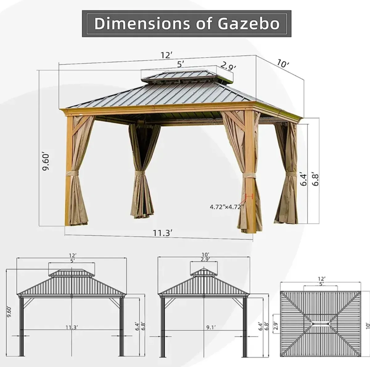 MONDAWE 10x12ft Hardtop Gazebo, Wooden Coated Aluminum Frame Canopy with Galvanized Steel Double Roof, Outdoor Permanent Metal Pavilion with Curtains and Netting for Patio, Deck and Lawn(Wood-Looking)