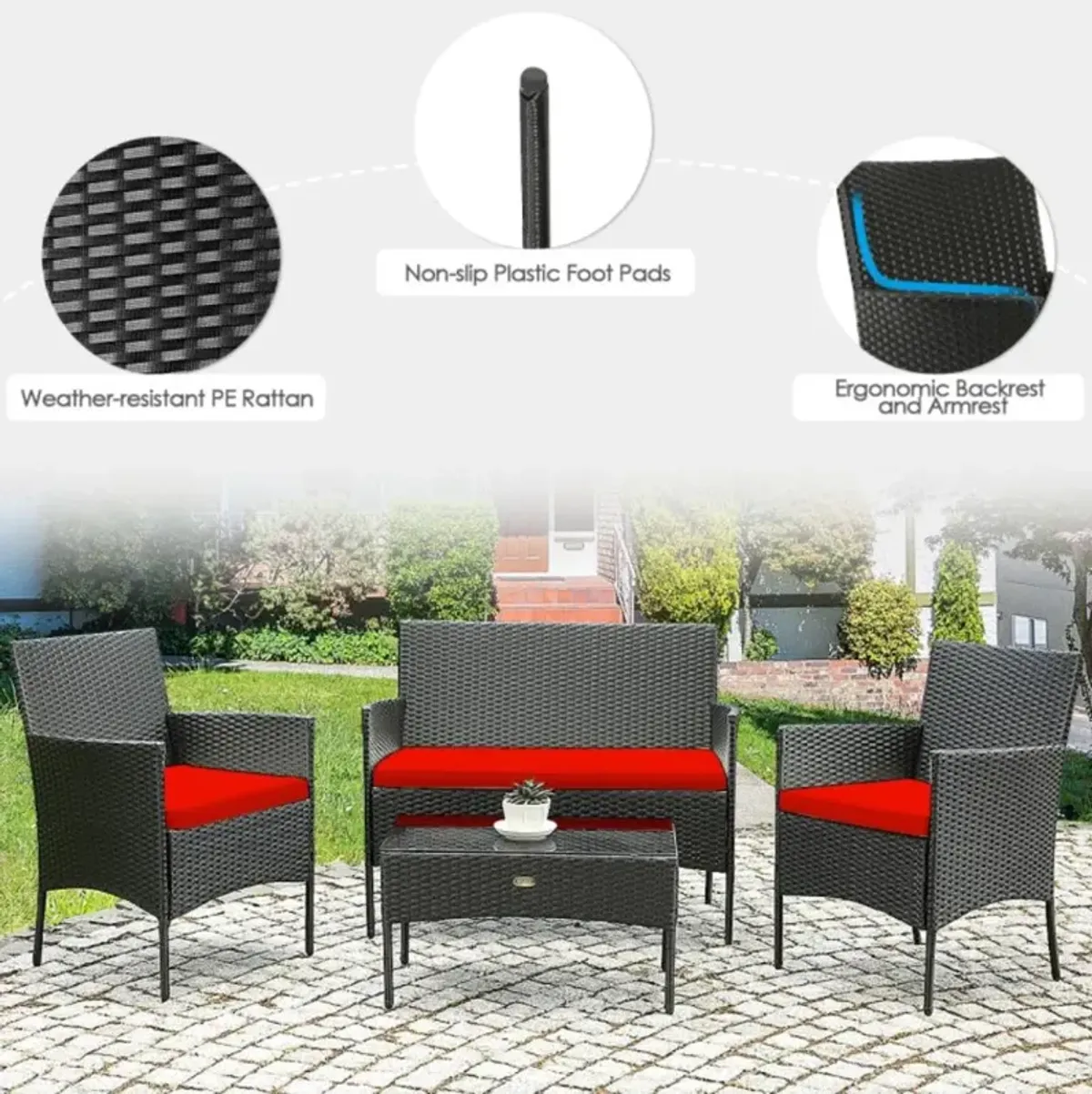 Hivvago 4 Pieces Patio Rattan Cushioned Sofa Set with Tempered Glass Coffee Table